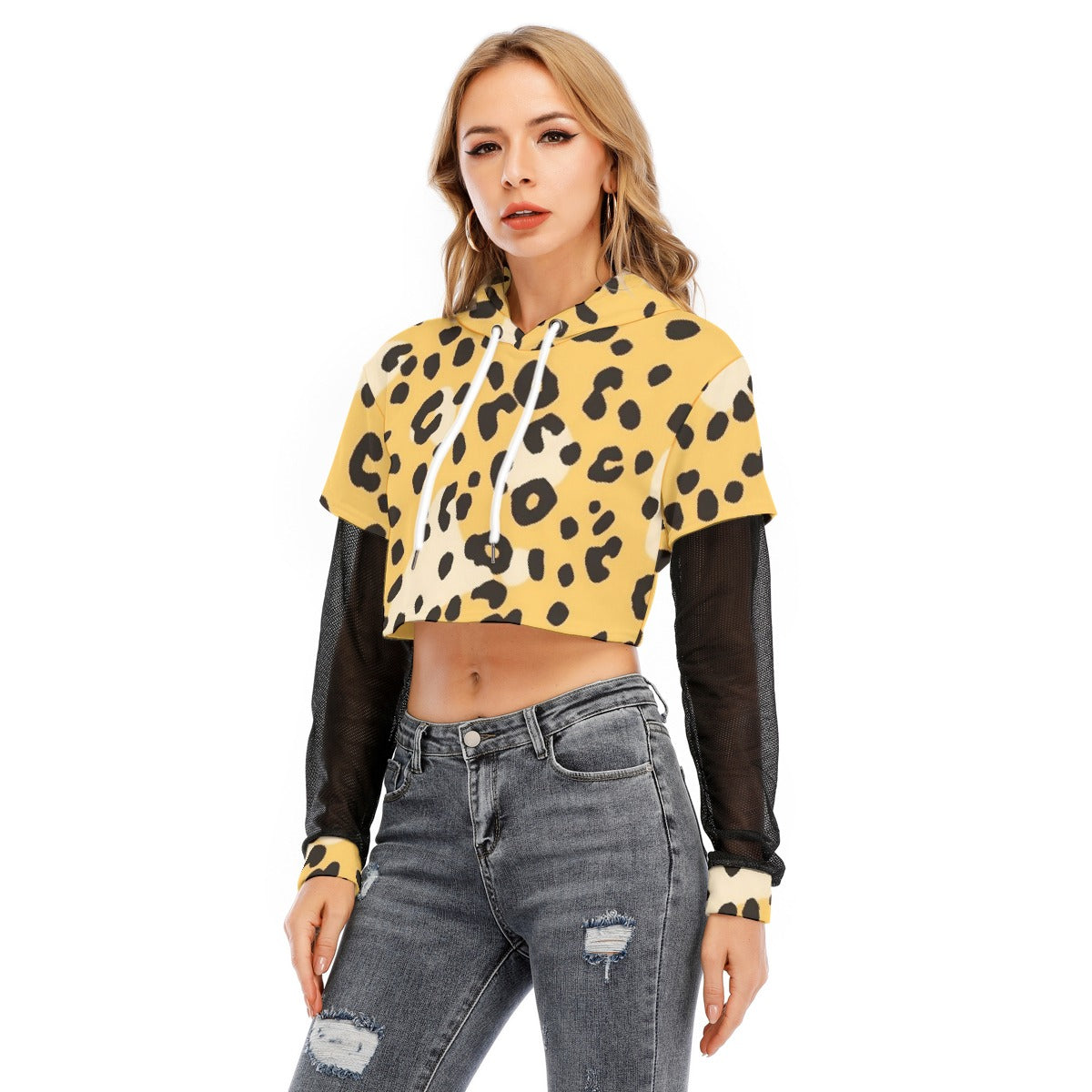 All-Over Print Women's Fake Two-piece Mesh Sleeve Cropped Hoodie