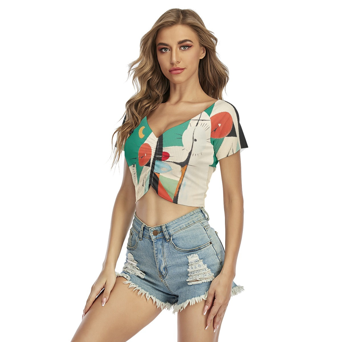All-Over Print Women's Raglan Drawstring Front  Crop Tee