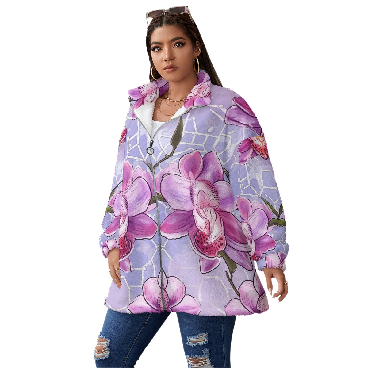 All-Over Print Unisex Borg Fleece Stand-up Collar Coat With Zipper Closure(Plus Size)