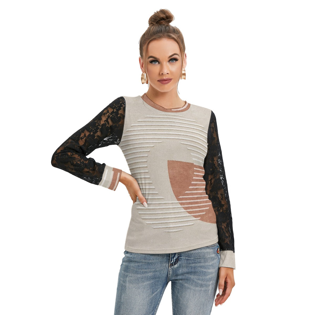 All-Over Print Women's T-shirt And Sleeve With Black Lace