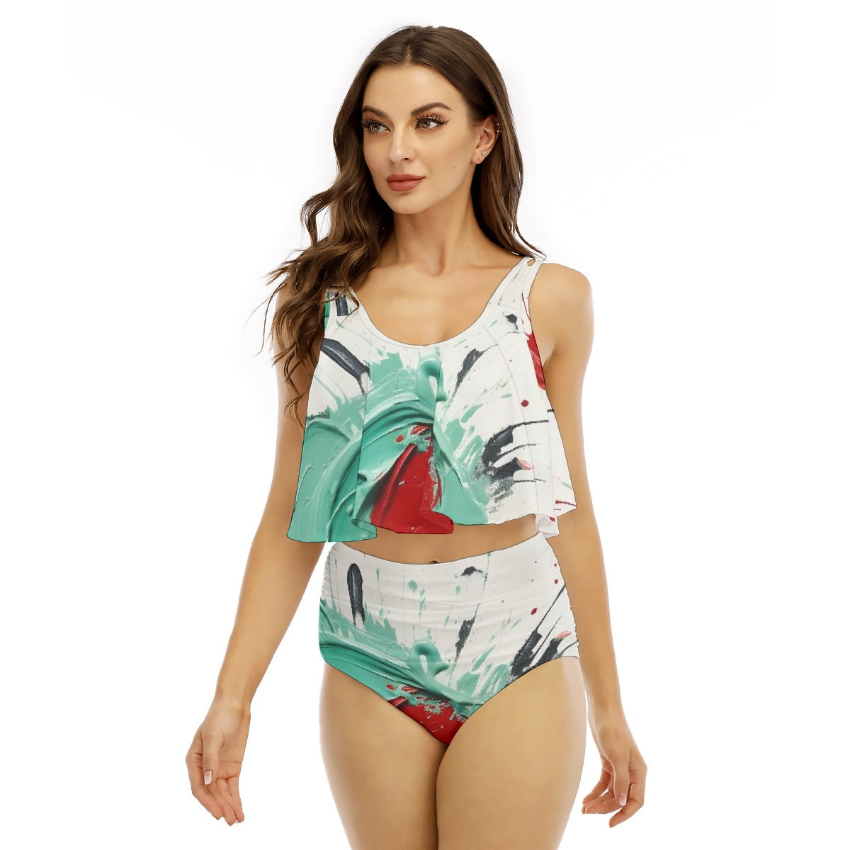 All-Over Print Women's Ruffled Vest Bikini Swimsuit