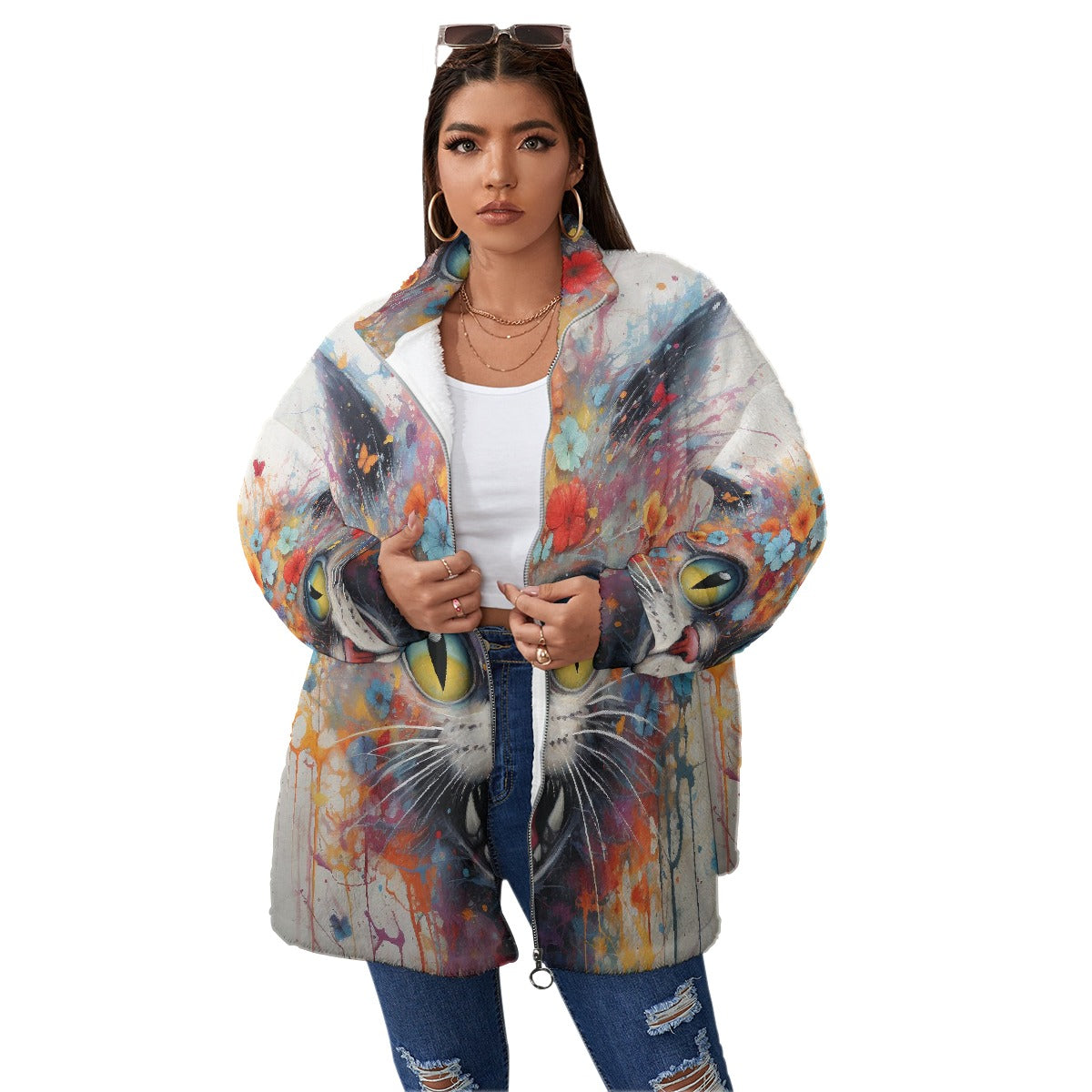 All-Over Print Unisex Borg Fleece Stand-up Collar Coat With Zipper Closure(Plus Size)