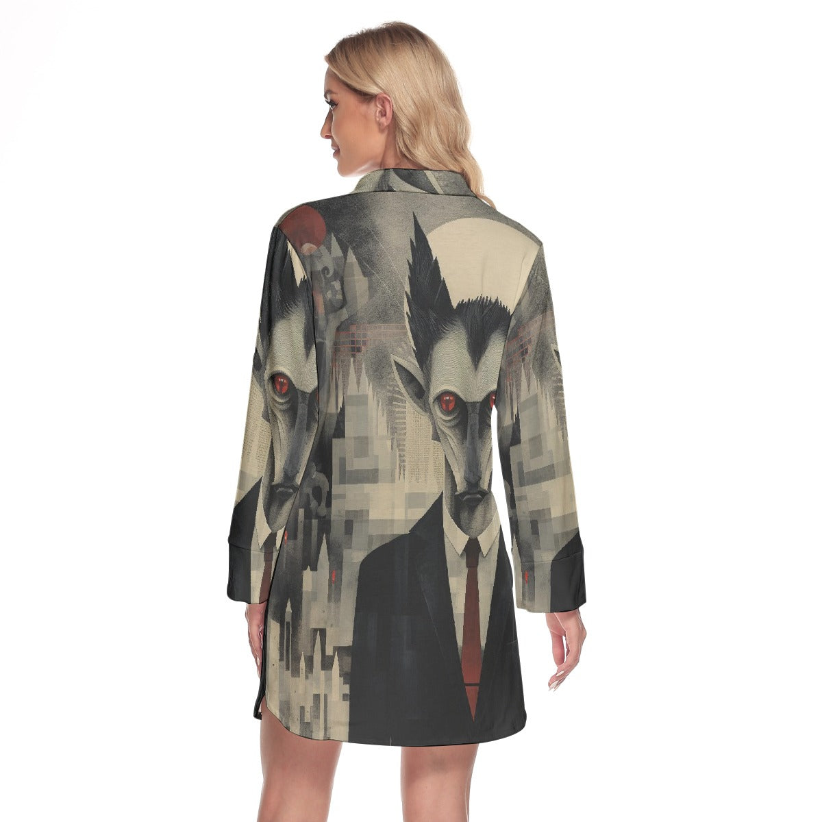 All-Over Print Women's Lapel Shirt Dress With Long Sleeve