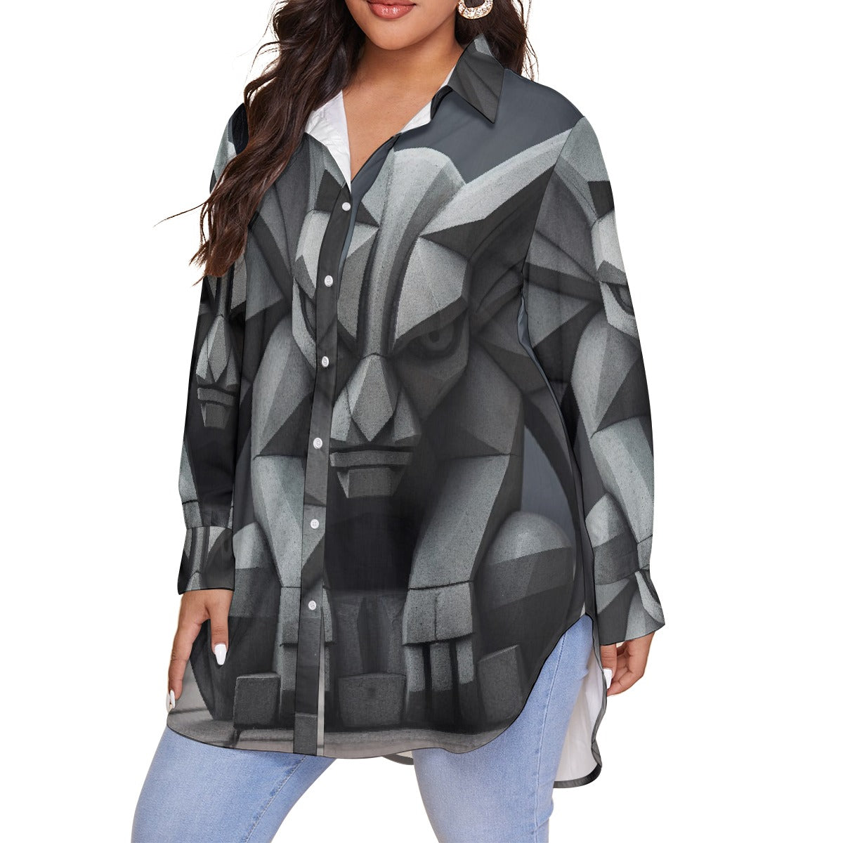 All-Over Print Women's Shirt With Long Sleeve(Plus Size)