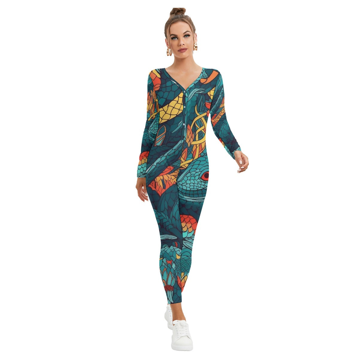 All-Over Print Women's Plunging Neck Jumpsuit
