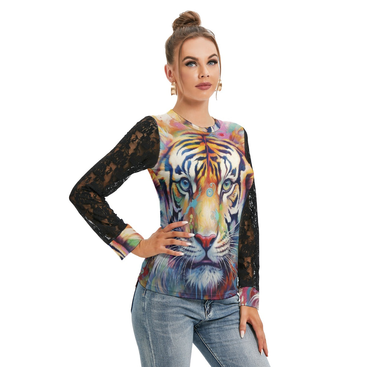 All-Over Print Women's T-shirt And Sleeve With Black Lace