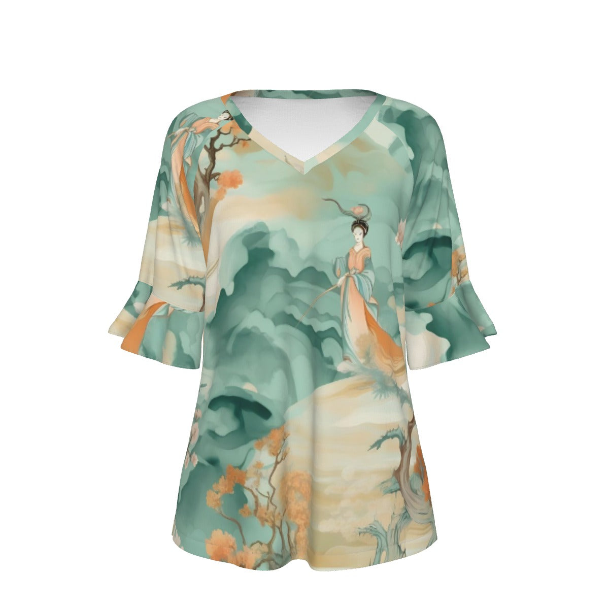 All-Over Print V-neck Women's T-shirt With Bell Sleeve