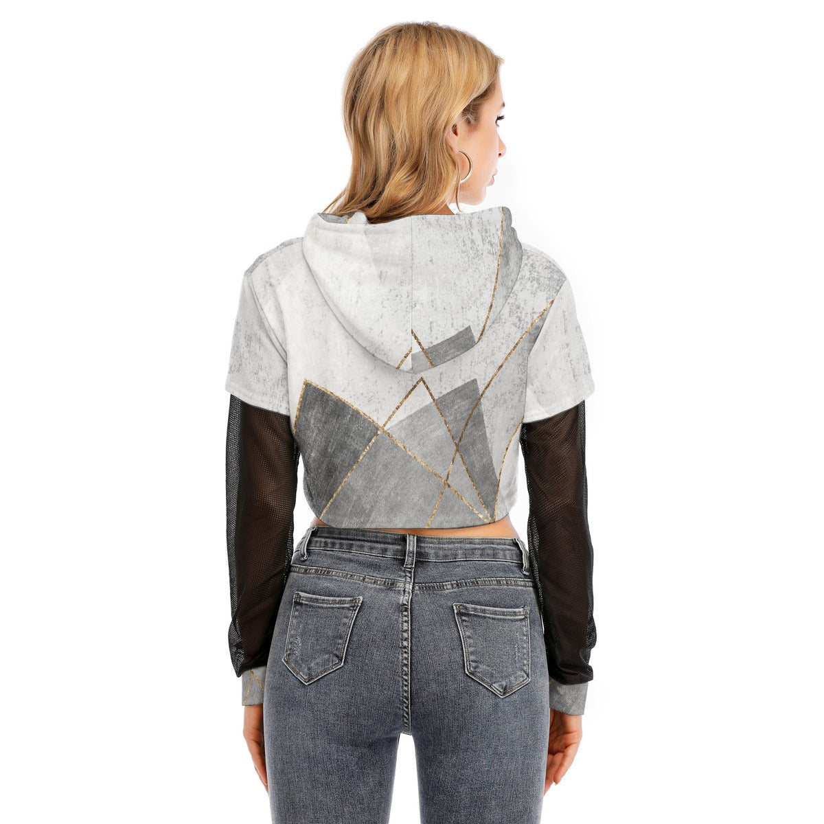 All-Over Print Women's Fake Two-piece Mesh Sleeve Cropped Hoodie