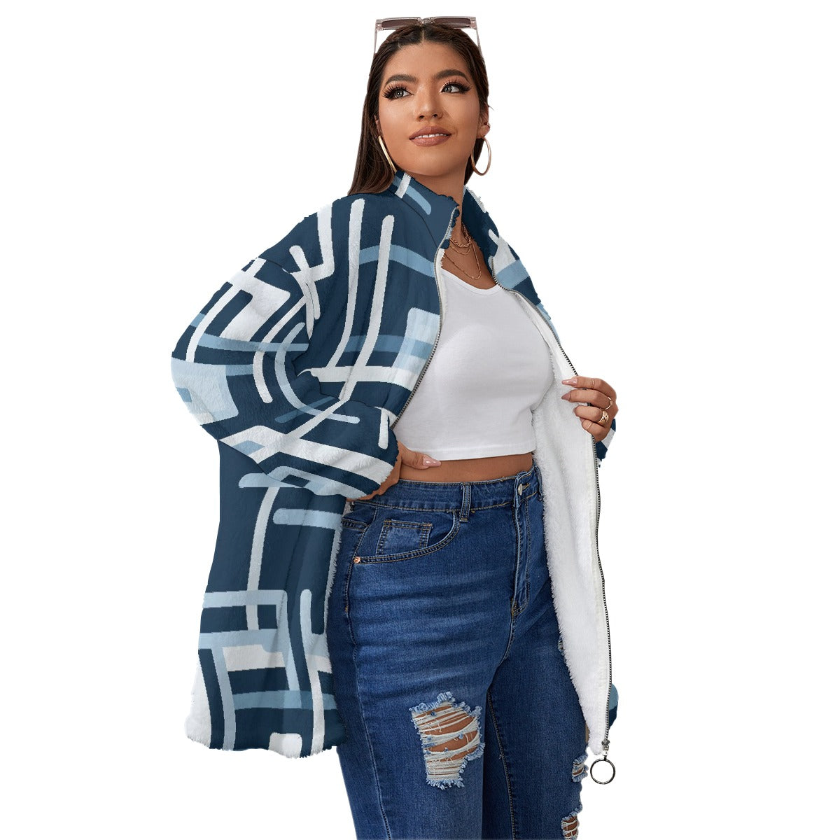 All-Over Print Unisex Borg Fleece Stand-up Collar Coat With Zipper Closure(Plus Size)