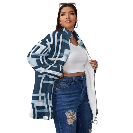 All-Over Print Unisex Borg Fleece Stand-up Collar Coat With Zipper Closure(Plus Size)