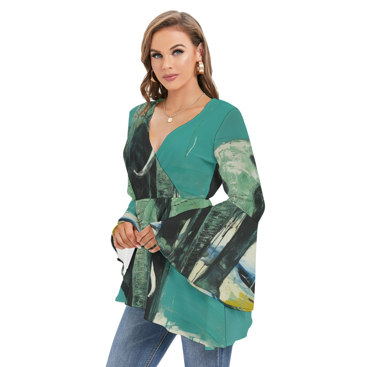 All-Over Print Women's V-neck Blouse With Flared Sleeves