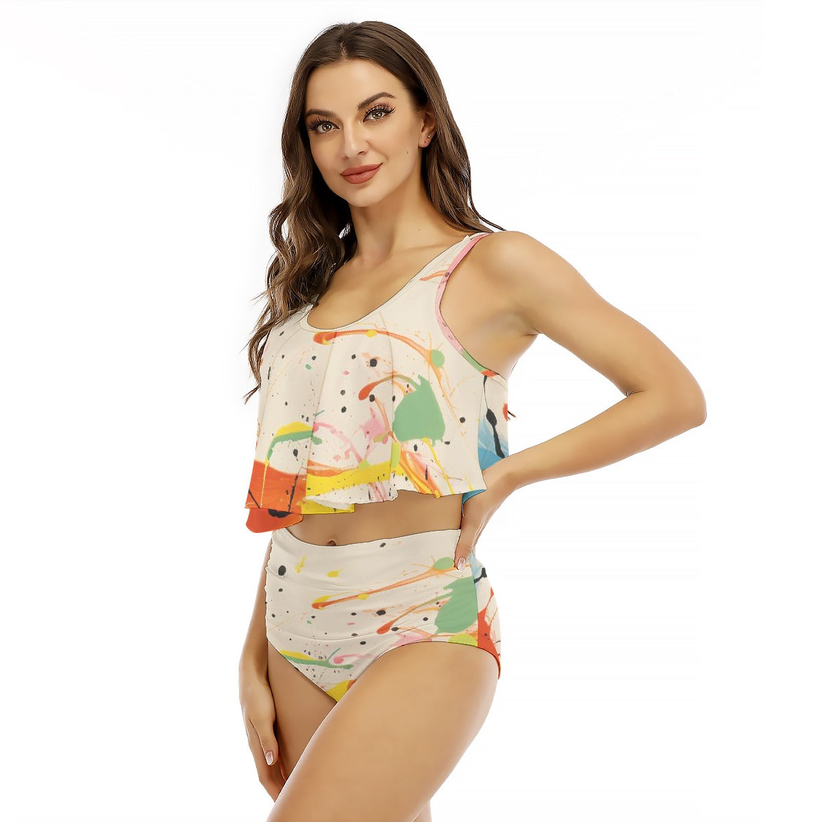 All-Over Print Women's Ruffled Vest Bikini Swimsuit