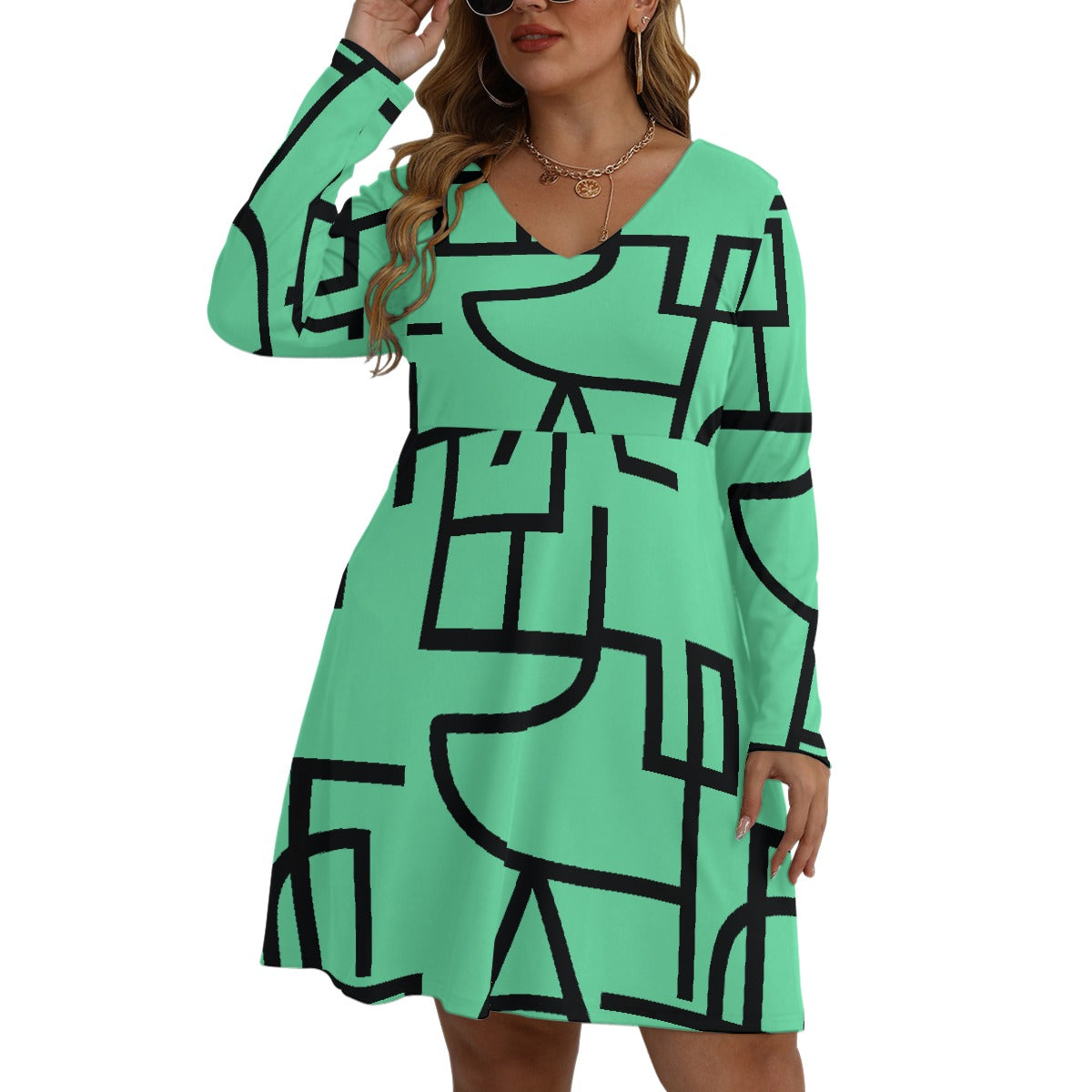 All-Over Print Women's V-neck Long Sleeve Dress(Plus Size)