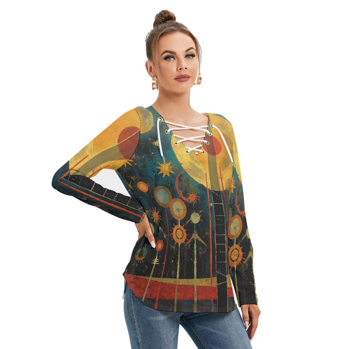 All-Over Print Women's Long Sleeve Neckline Tie Sweatshirt