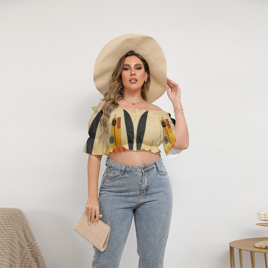 All-Over Print Women's Off-shoulder Cropped Top With Short Puff Sleeve