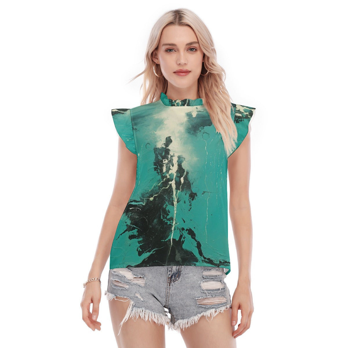 All-Over Print Women's Blouse With Ruffle Collar And Sleeve