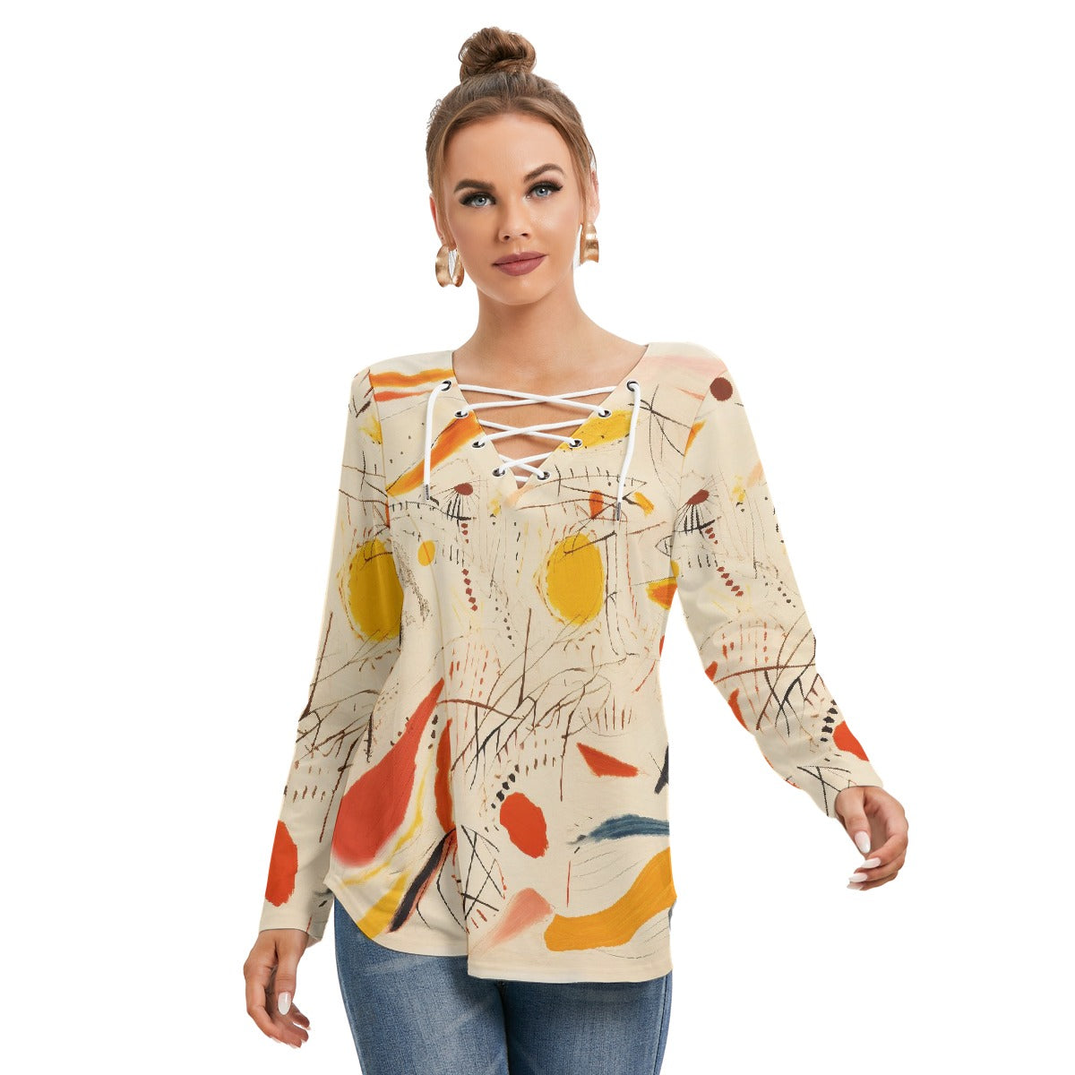 All-Over Print Women's Long Sleeve Neckline Tie Sweatshirt
