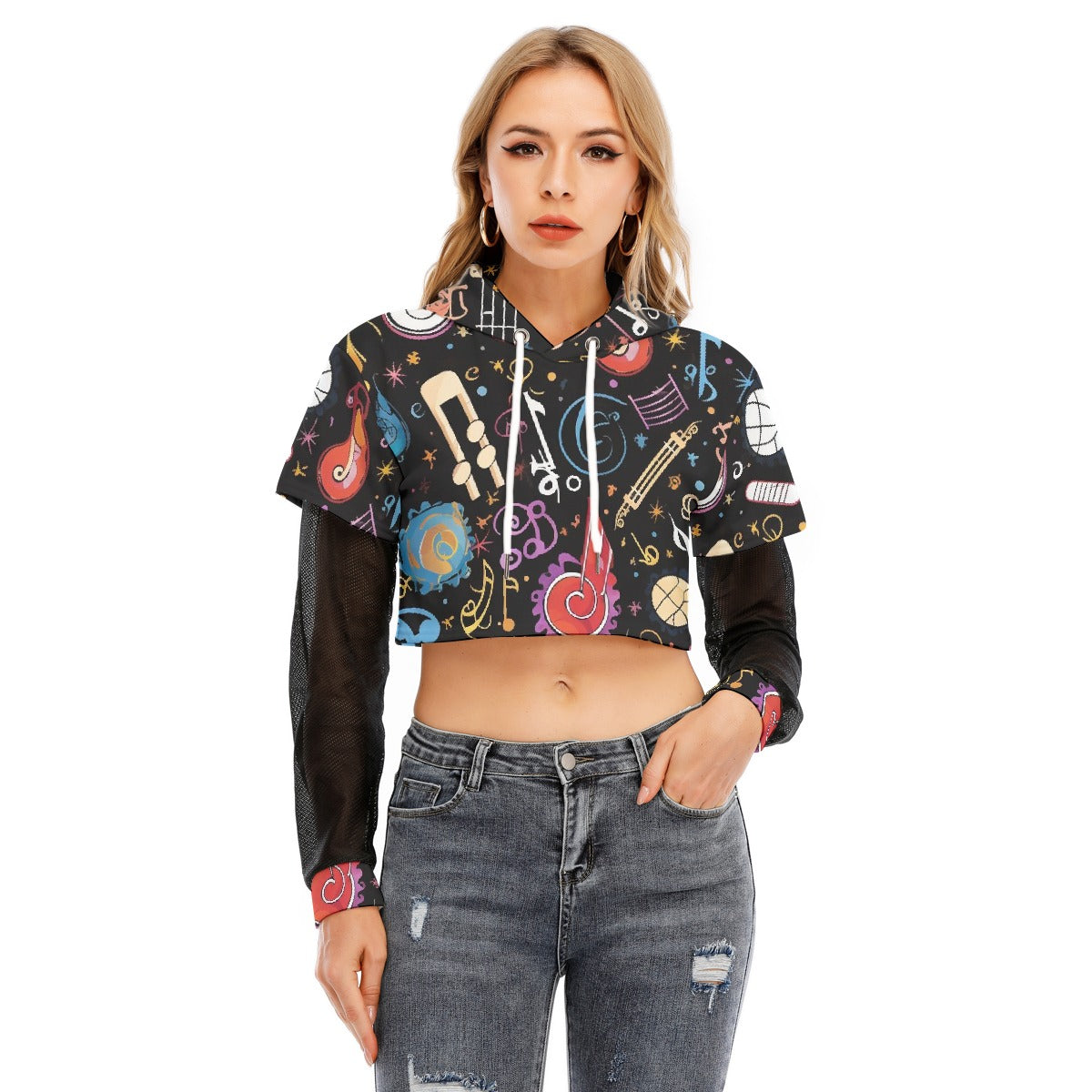 All-Over Print Women's Fake Two-piece Mesh Sleeve Cropped Hoodie