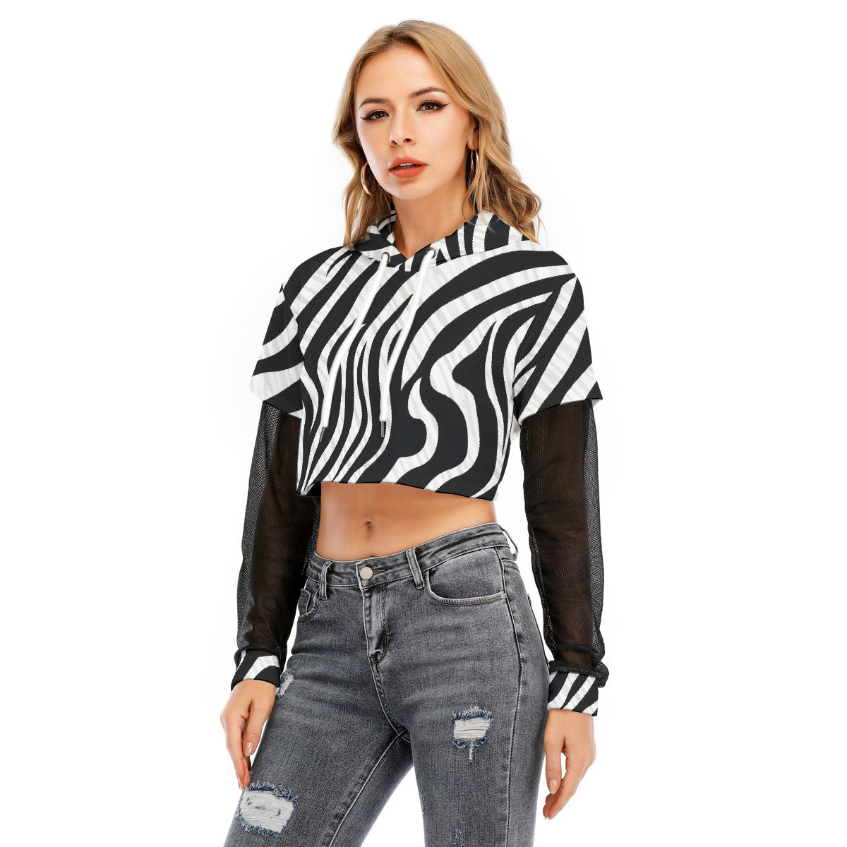 All-Over Print Women's Fake Two-piece Mesh Sleeve Cropped Hoodie