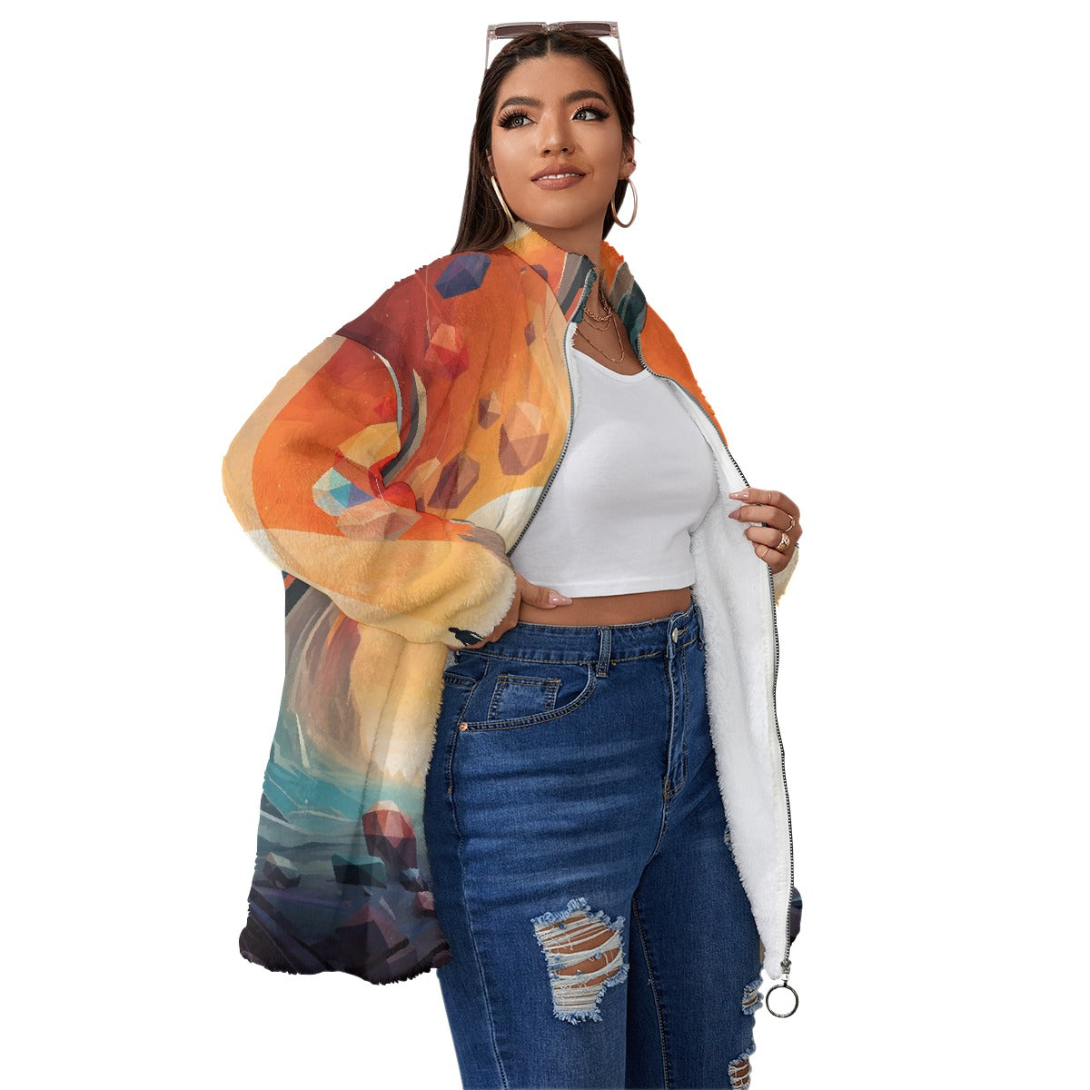 All-Over Print Unisex Borg Fleece Stand-up Collar Coat With Zipper Closure(Plus Size)