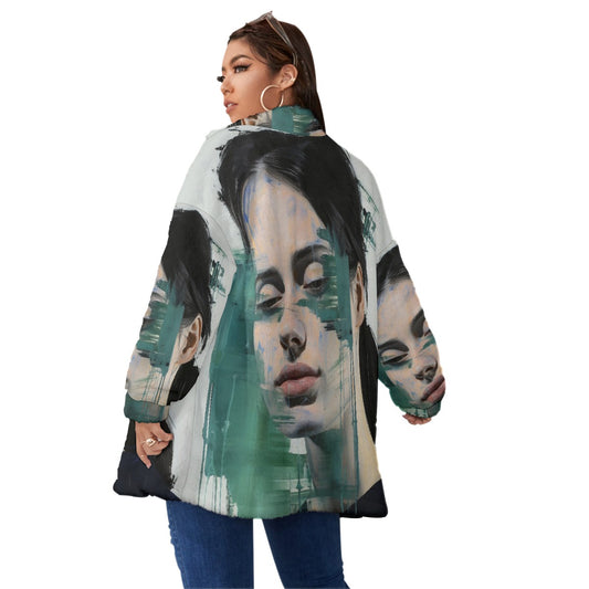 All-Over Print Unisex Borg Fleece Stand-up Collar Coat With Zipper Closure(Plus Size)