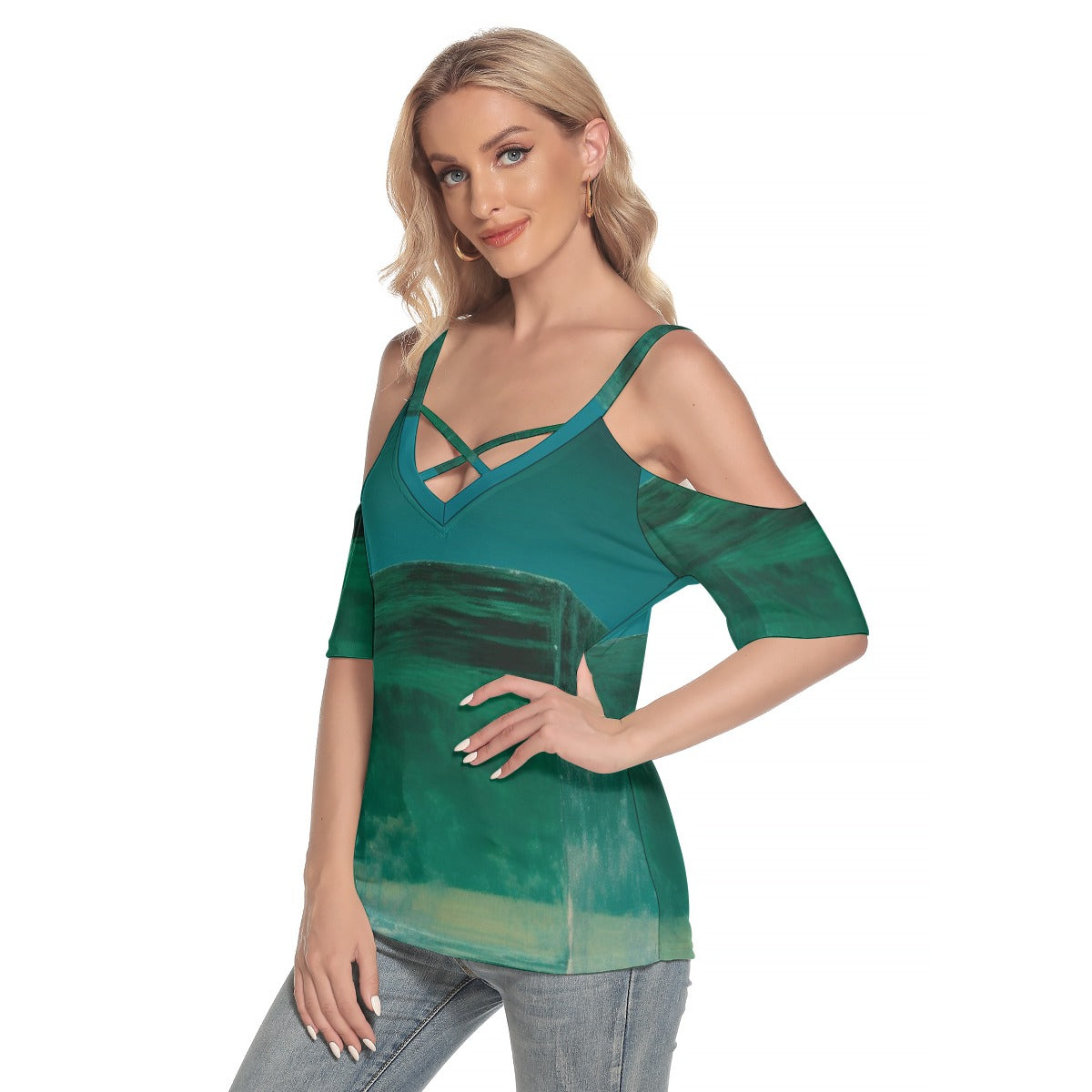 All-Over Print Women's Cold Shoulder T-shirt With Criss Cross Strips
