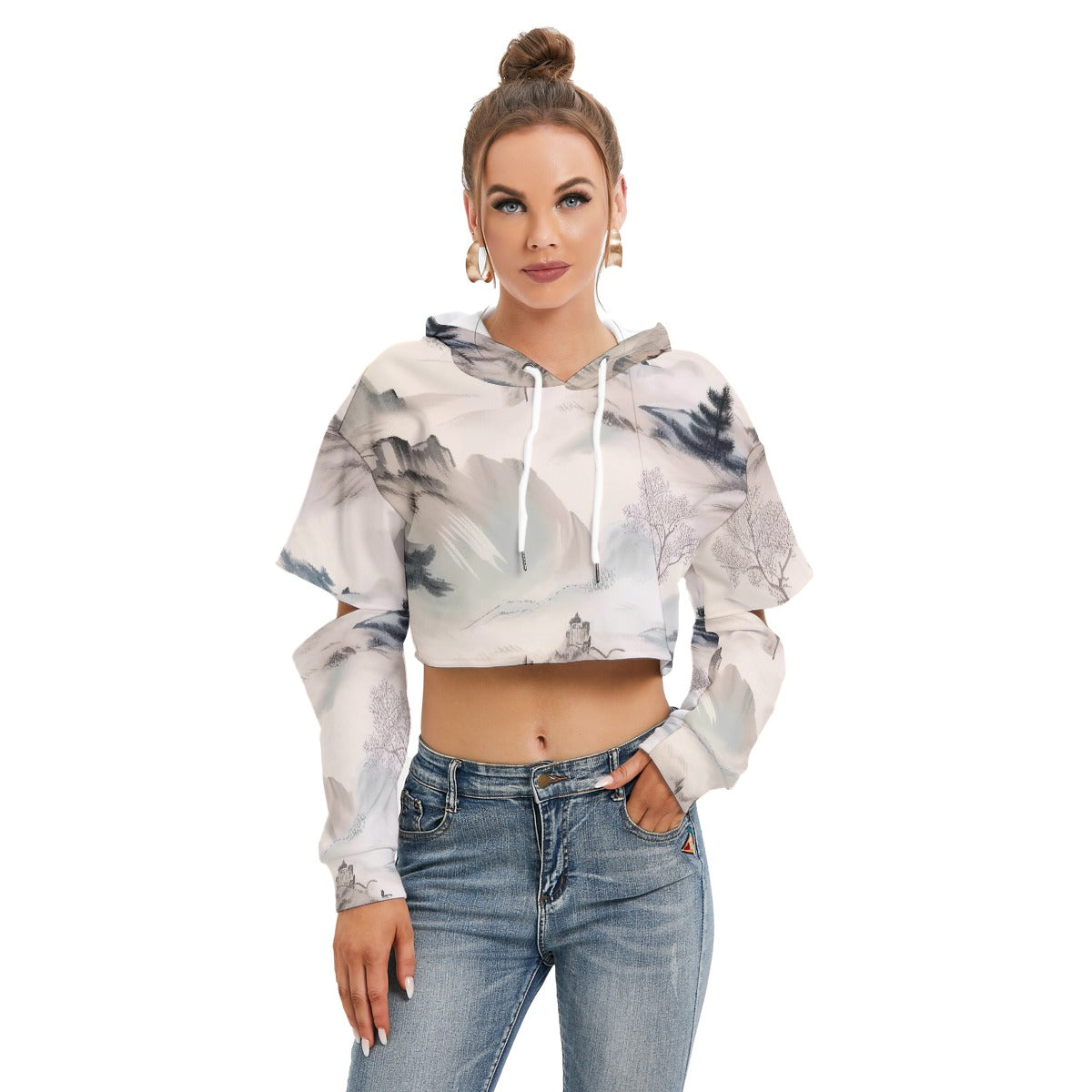 All-Over Print Women's Heavy Fleece Hoodie With Hollow Out Sleeve