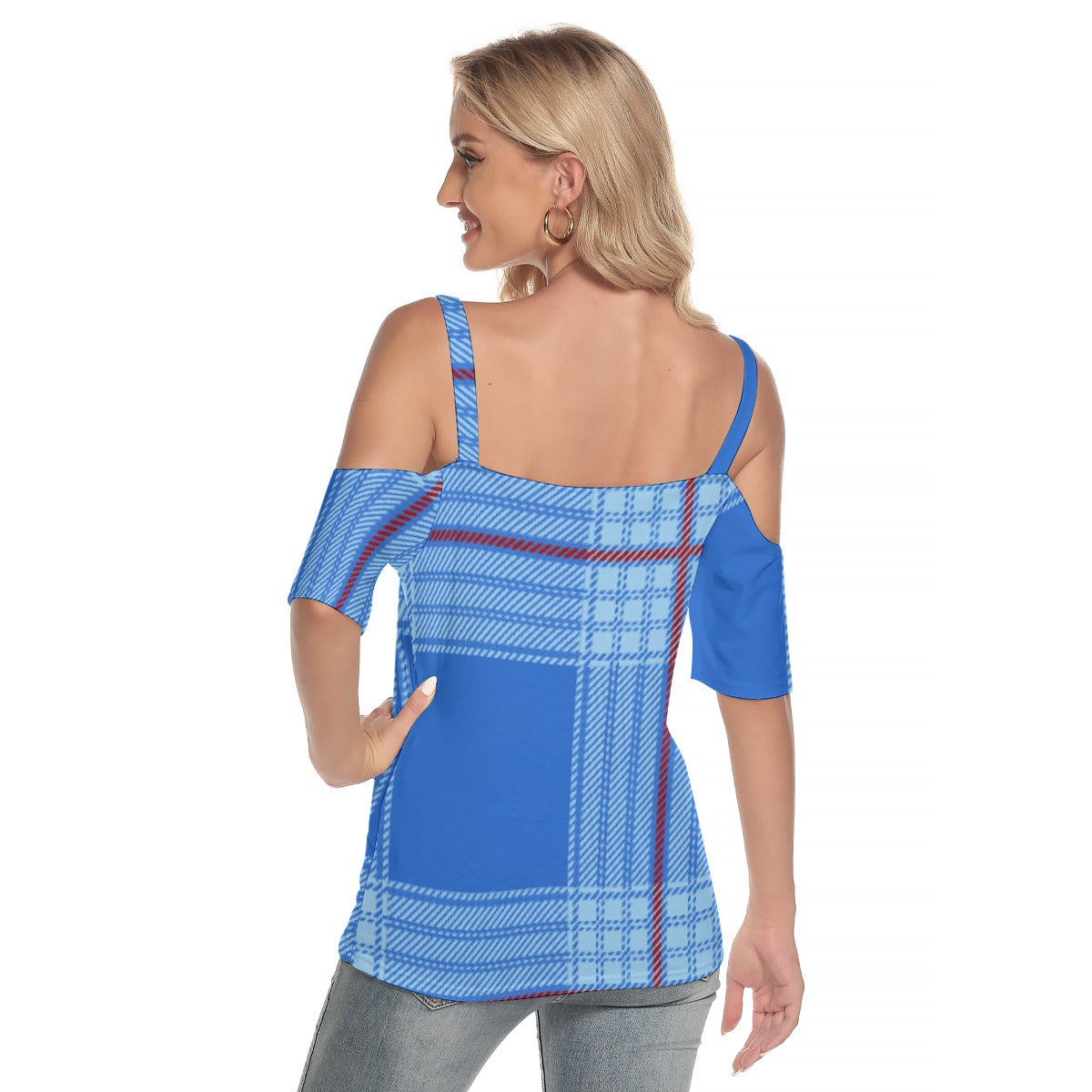 All-Over Print Women's Cold Shoulder T-shirt With Criss Cross Strips