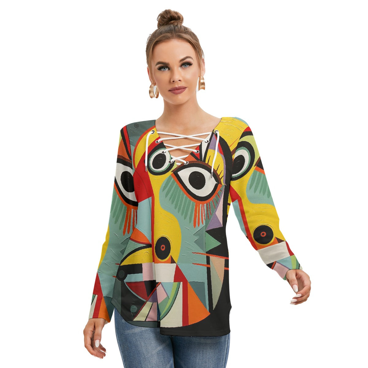 All-Over Print Women's Long Sleeve Neckline Tie Sweatshirt