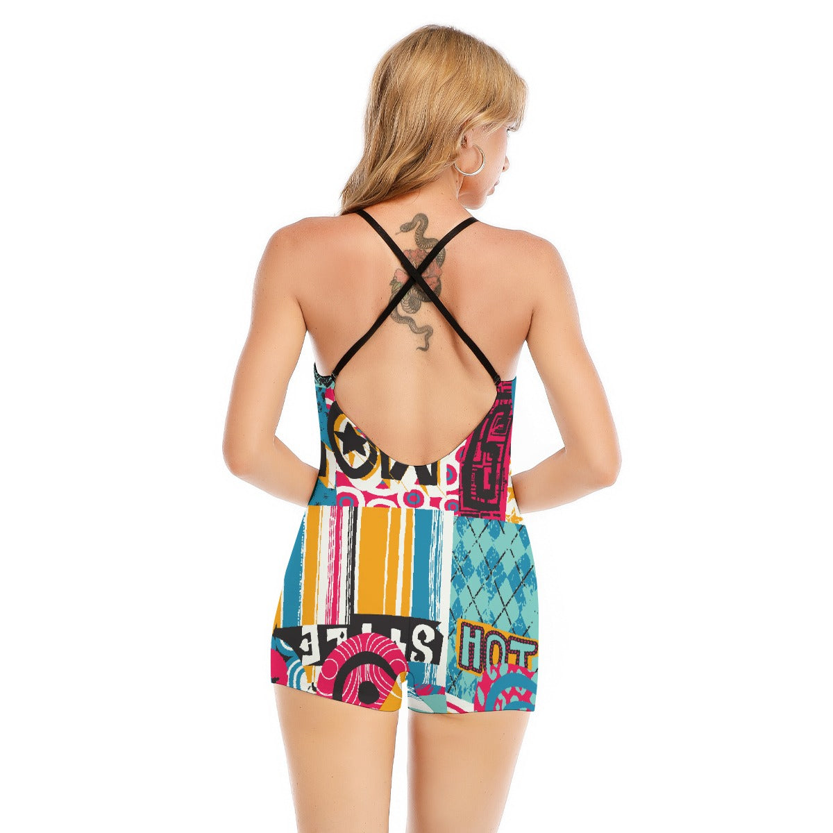 All-Over Print Women's Backless Romper With Black Straps