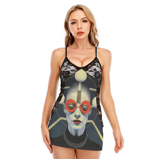 All-Over Print Women's Black Lace Cami Dress