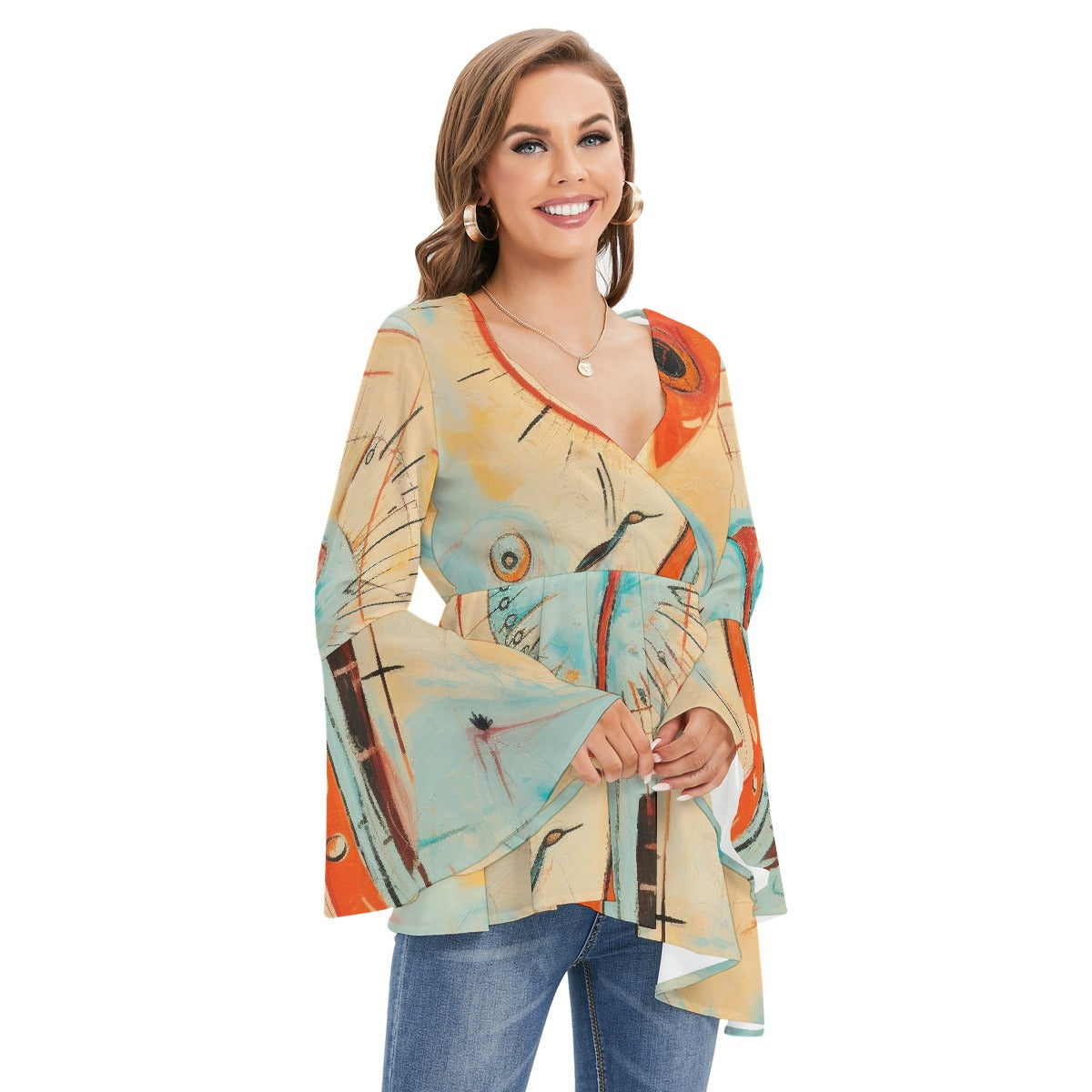 All-Over Print Women's V-neck Blouse With Flared Sleeves