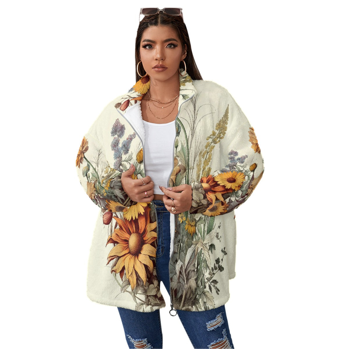 All-Over Print Unisex Borg Fleece Stand-up Collar Coat With Zipper Closure(Plus Size)