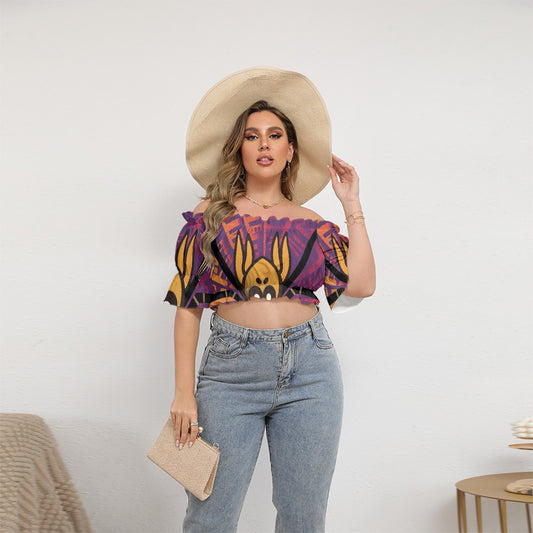 All-Over Print Women's Off-shoulder Cropped Top With Short Puff Sleeve