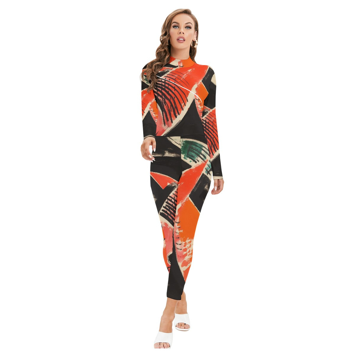 All-Over Print Women's Long-sleeved High-neck Jumpsuit With Zipper