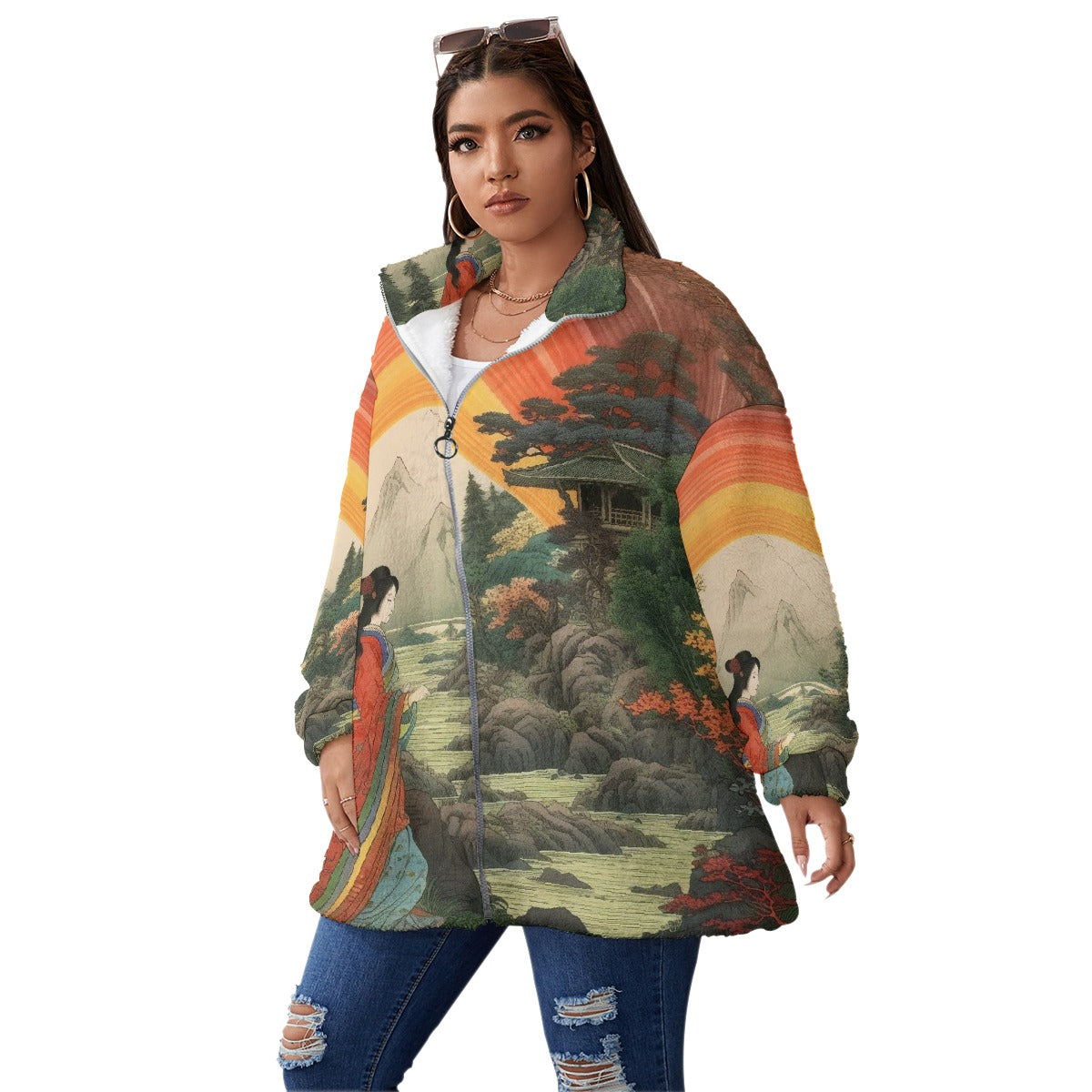 All-Over Print Unisex Borg Fleece Stand-up Collar Coat With Zipper Closure(Plus Size)