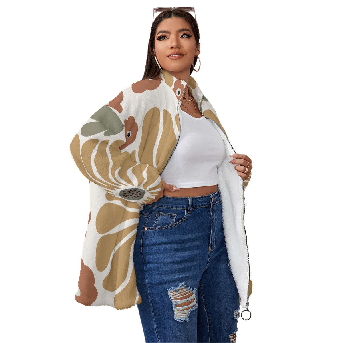 All-Over Print Unisex Borg Fleece Stand-up Collar Coat With Zipper Closure(Plus Size)