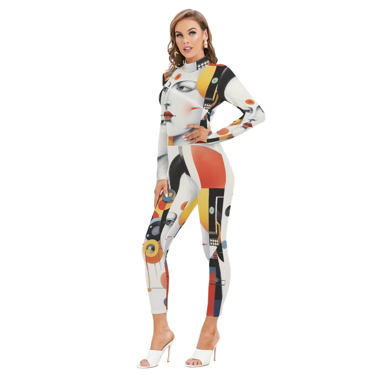 All-Over Print Women's Long-sleeved High-neck Jumpsuit With Zipper