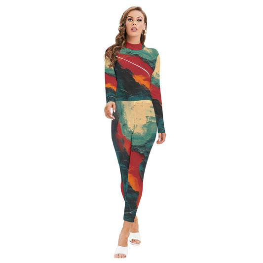 All-Over Print Women's Long-sleeved High-neck Jumpsuit With Zipper