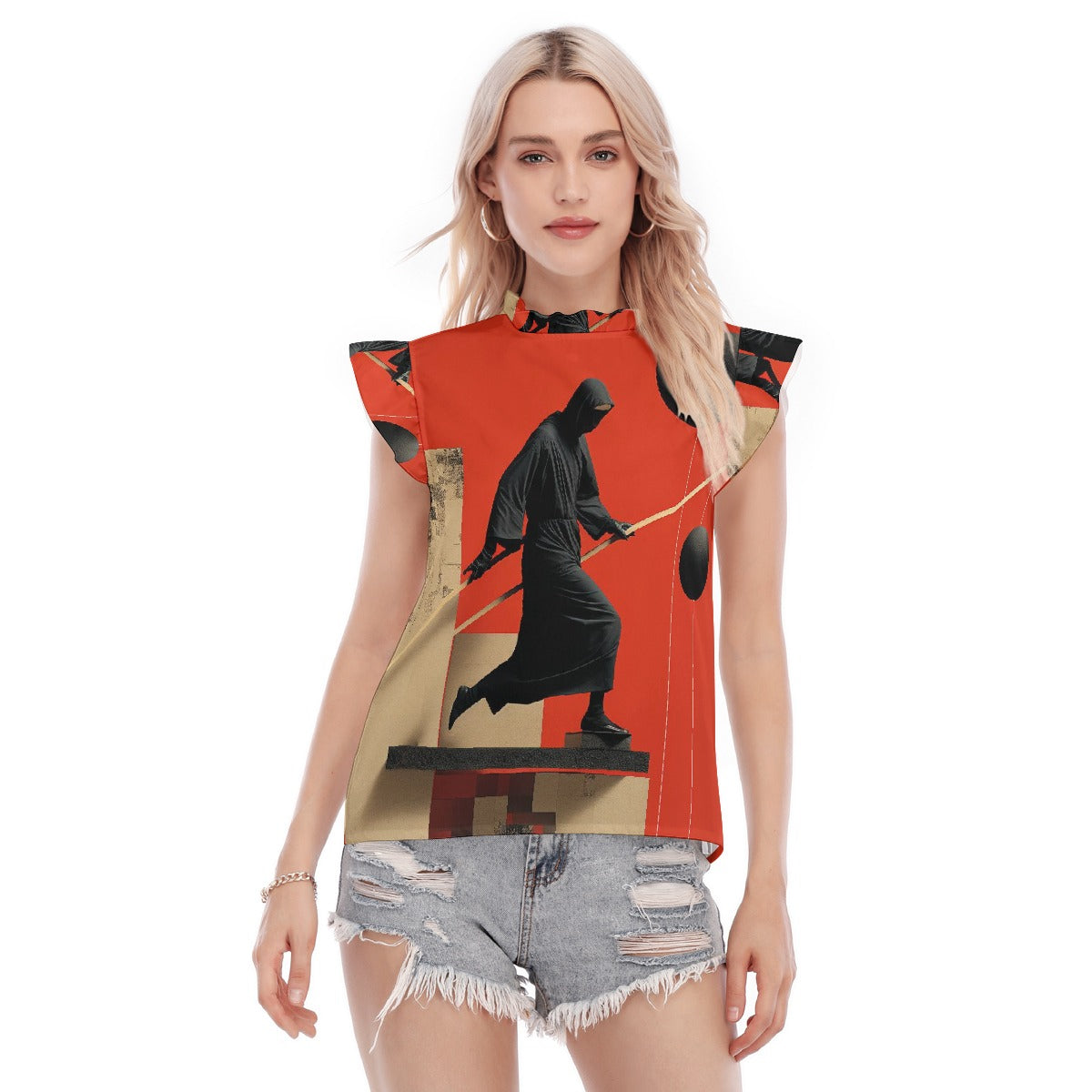 All-Over Print Women's Blouse With Ruffle Collar And Sleeve