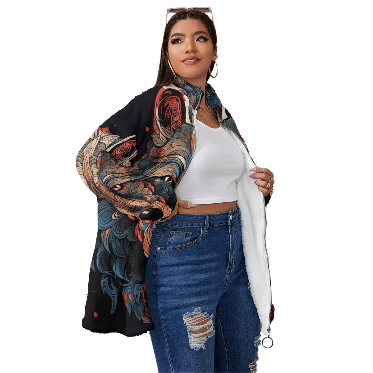 All-Over Print Unisex Borg Fleece Stand-up Collar Coat With Zipper Closure(Plus Size)