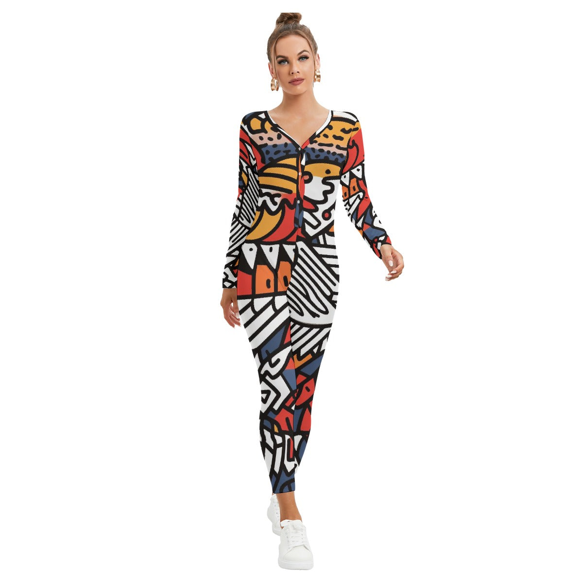 All-Over Print Women's Plunging Neck Jumpsuit