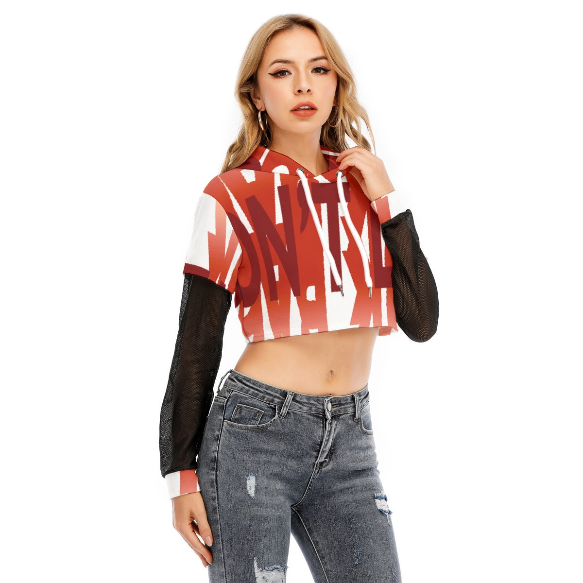 All-Over Print Women's Fake Two-piece Mesh Sleeve Cropped Hoodie