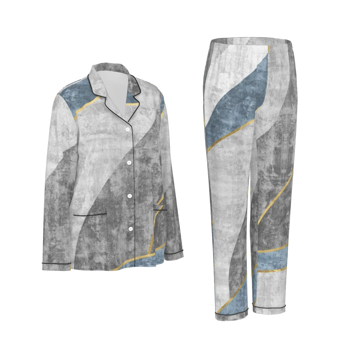 All-Over Print Women's Long Sleeve Pajama Set With Black Contrast Piping