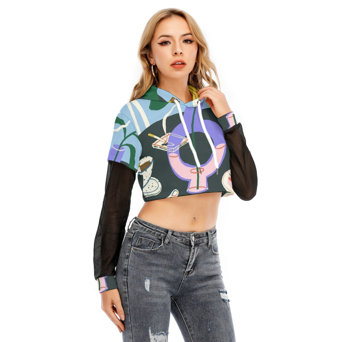All-Over Print Women's Fake Two-piece Mesh Sleeve Cropped Hoodie