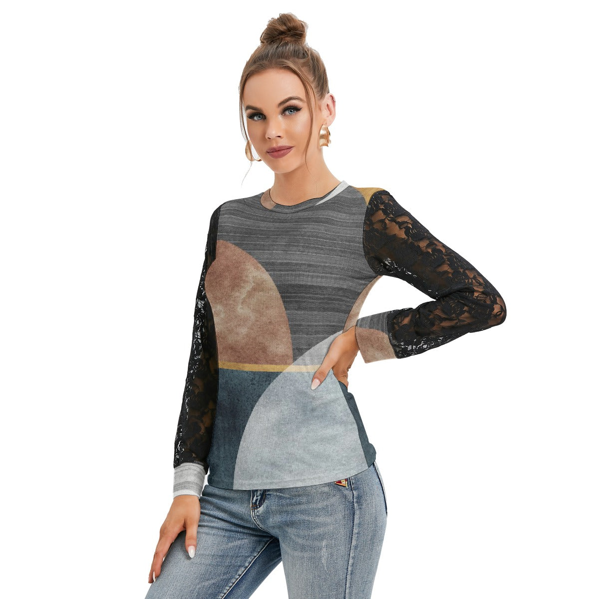 All-Over Print Women's T-shirt And Sleeve With Black Lace