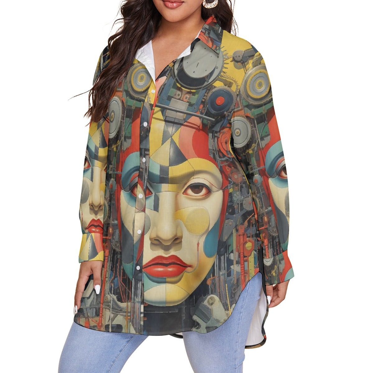 All-Over Print Women's Shirt With Long Sleeve(Plus Size)