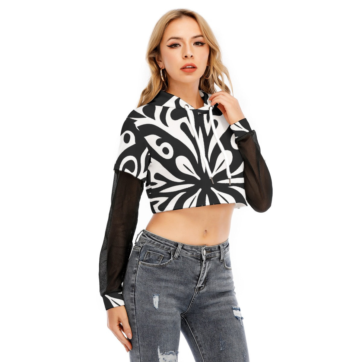 All-Over Print Women's Fake Two-piece Mesh Sleeve Cropped Hoodie