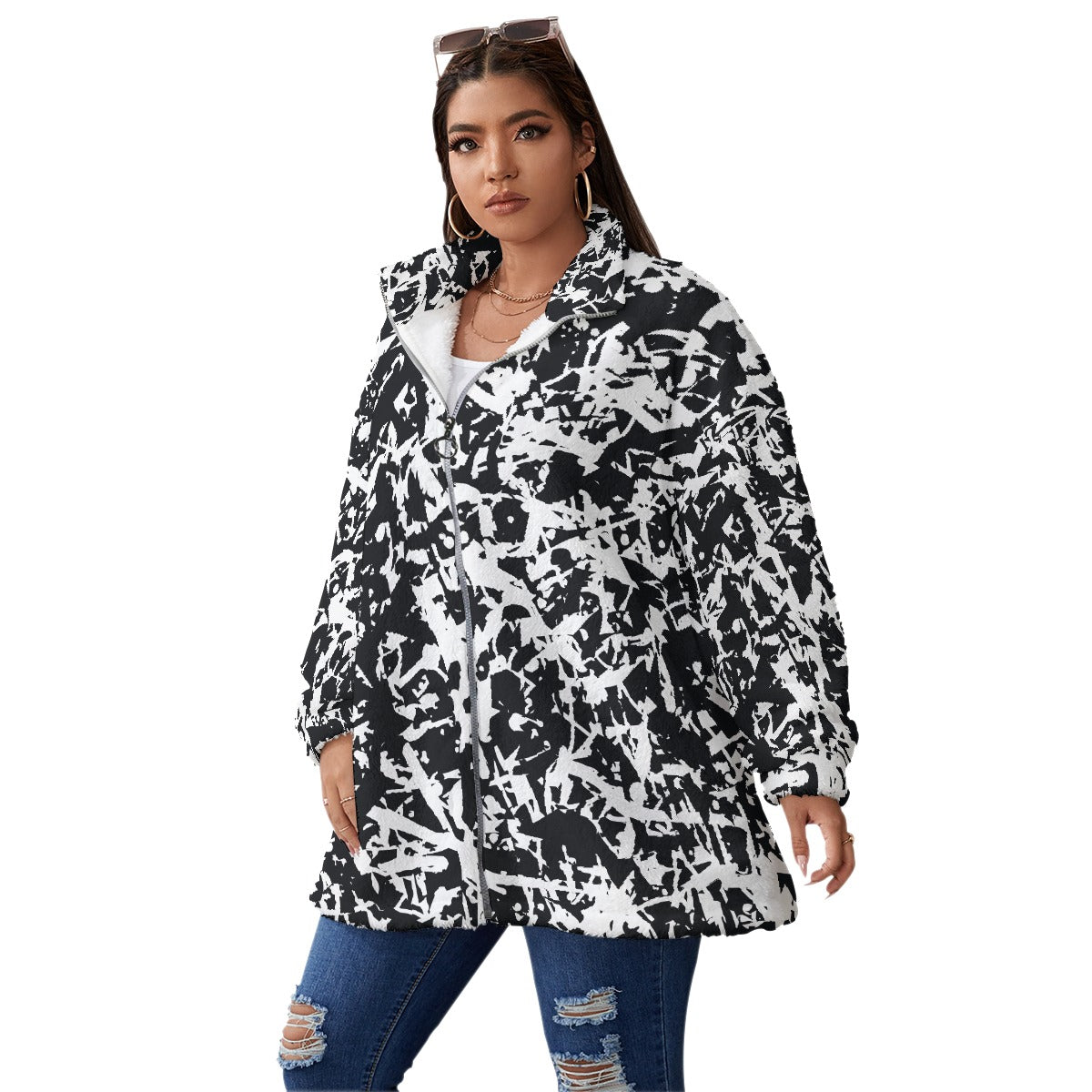 All-Over Print Unisex Borg Fleece Stand-up Collar Coat With Zipper Closure(Plus Size)