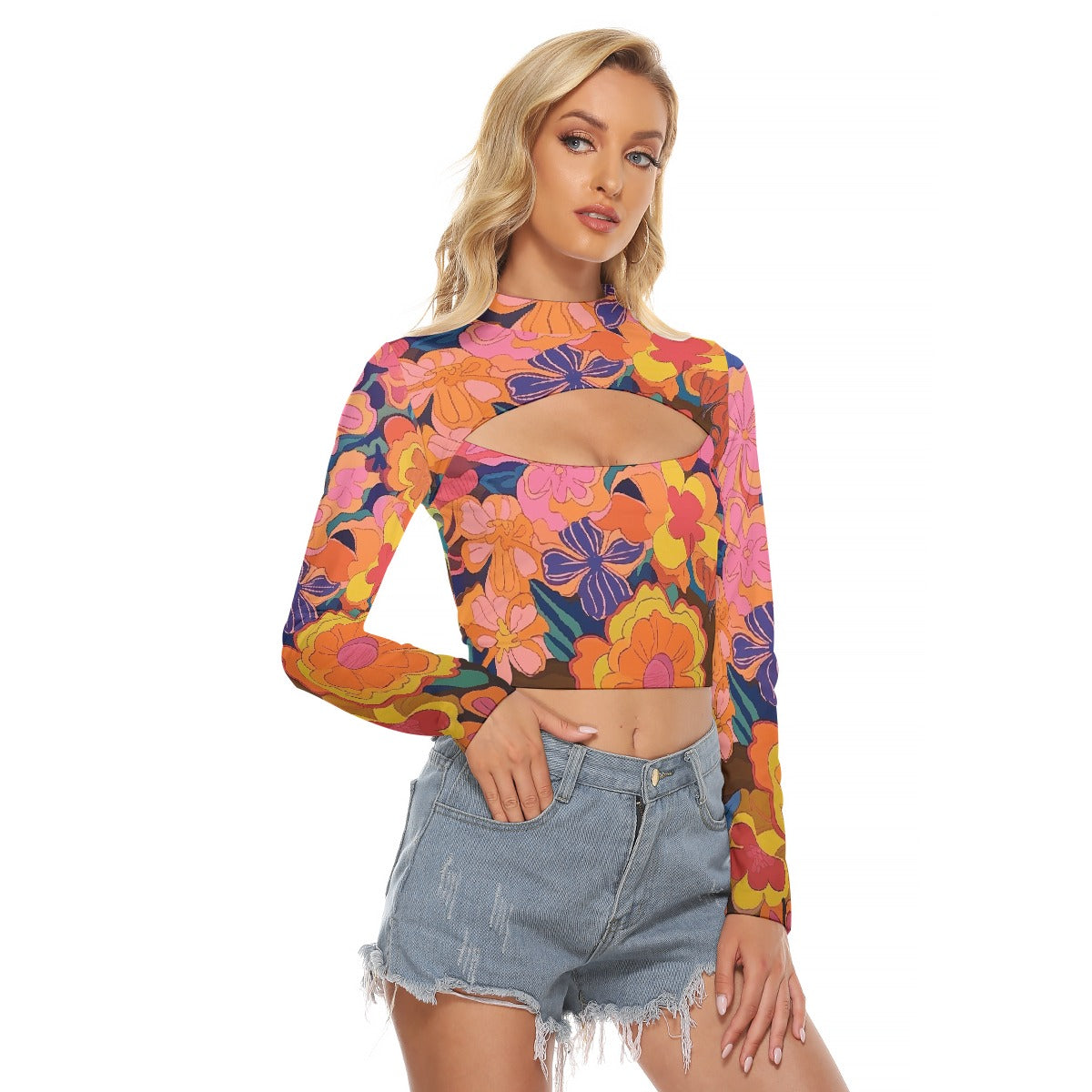 All-Over Print Women's Hollow Chest Keyhole Tight Crop Top